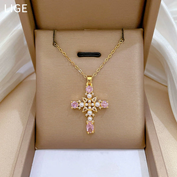 Necklace Stainless Steel Copper Pearl Cross Geometric Style