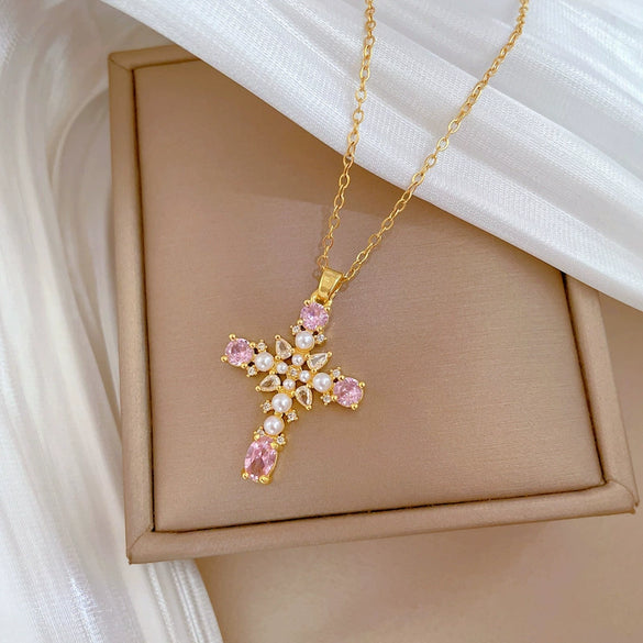 Necklace Stainless Steel Copper Pearl Cross Geometric Style