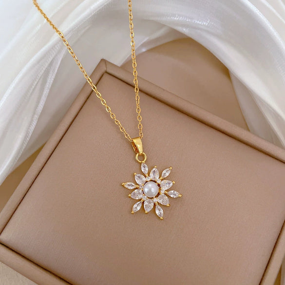 Necklace Stainless Steel Copper Pearl Flower Zircon Geometric Light Luxury Elegant Gorgeous Unisex