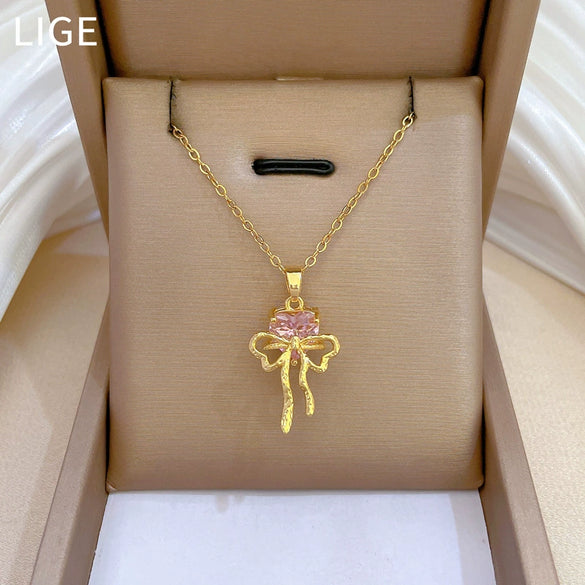 Necklace Stainless Steel Copper Pink Bow Geometric Full Diamond Light Luxury Elegant Gorgeous Unisex
