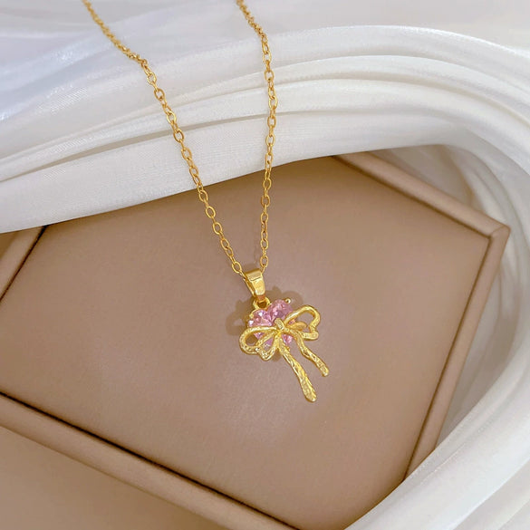 Necklace Stainless Steel Copper Pink Bow Geometric Full Diamond Light Luxury Elegant Gorgeous Unisex