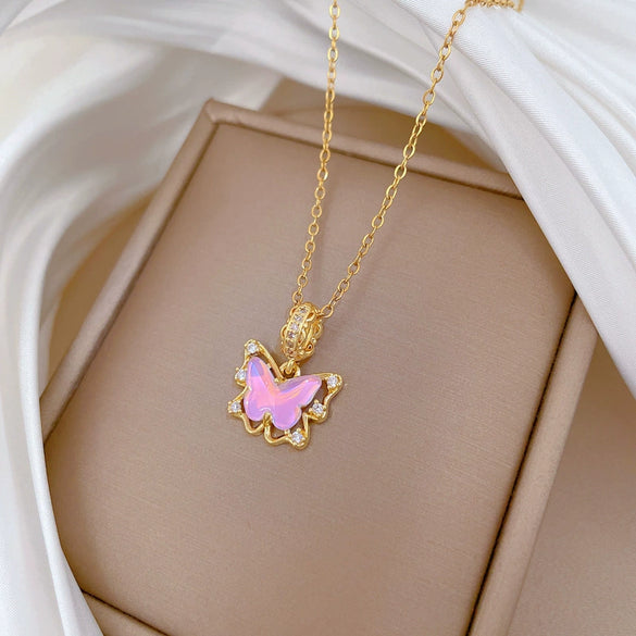Necklace Stainless Steel Copper Pink Butterfly Zircon Geometric Cartoon Minimalist Light Luxury Elegant Gorgeous Unisex
