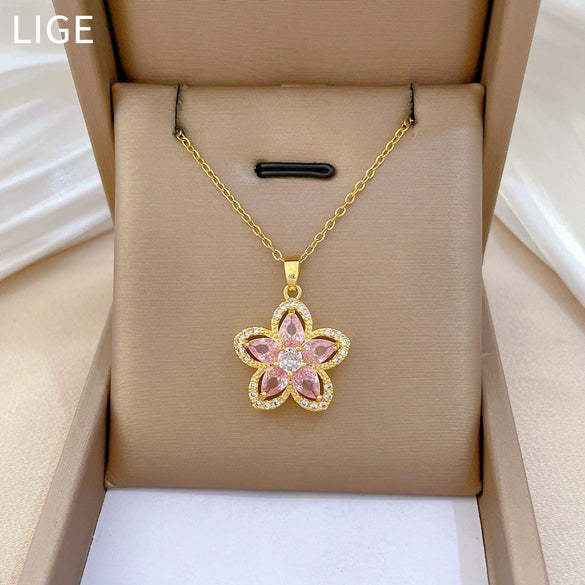 Necklace Stainless Steel Copper Pink Fivepetal Flower Animal Zodiac Electroplating Unisex