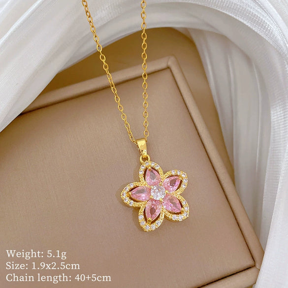 Necklace Stainless Steel Copper Pink Fivepetal Flower Animal Zodiac Electroplating Unisex