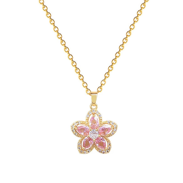 Necklace Stainless Steel Copper Pink Fivepetal Flower Animal Zodiac Electroplating Unisex