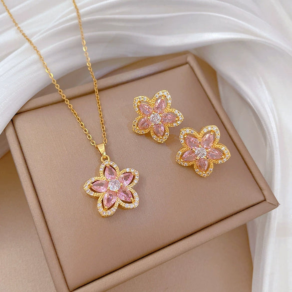 Necklace Stainless Steel Copper Pink Fivepetal Flower Animal Zodiac Electroplating Unisex