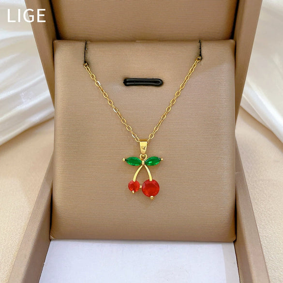 Necklace Stainless Steel Copper Red Cherry Fruit Animal Zodiac Cartoon Style