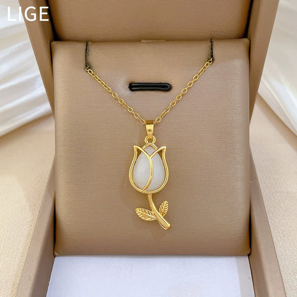 Necklace Stainless Steel Copper White Tulip Animal Zodiac Light Luxury Elegant Gorgeous Unisex