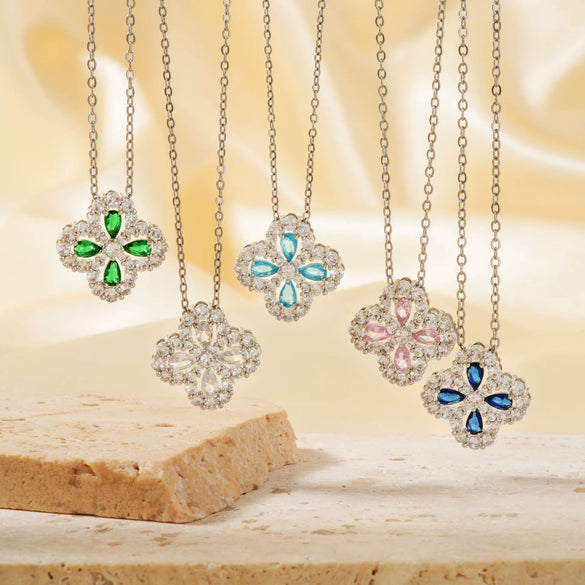Necklace Stainless Steel Copper Zircon Twisted Chain Fourleaf Clover Leaves Diamond Style For Women