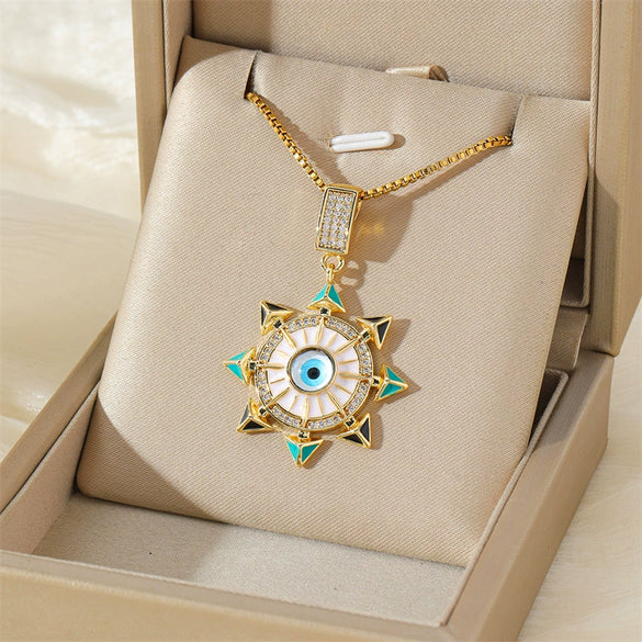 Necklace Stainless Steel Evil Eye Mixed Gemstone Inlay Gold Plated