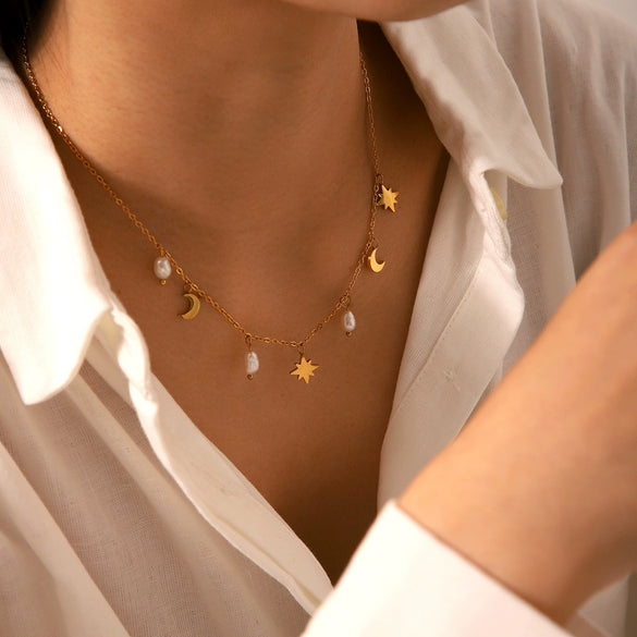 Necklace Stainless Steel Freshwater Pearl Geometric Electroplating