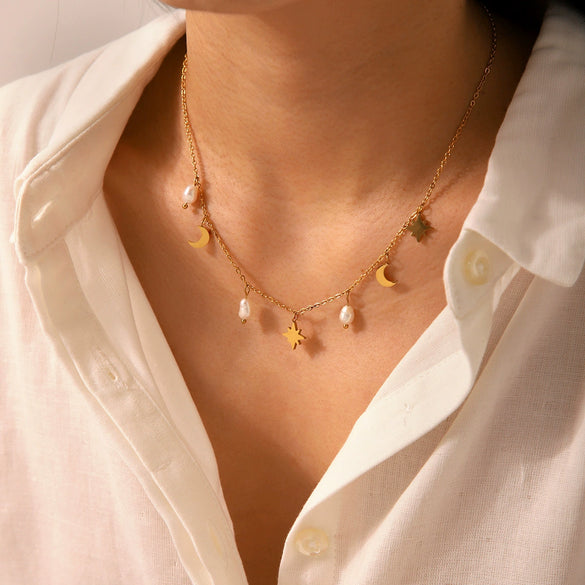 Necklace Stainless Steel Freshwater Pearl Geometric Electroplating