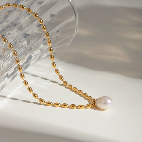 Necklace Stainless Steel Freshwater Pearl Geometric Titanium Steel Electroplating