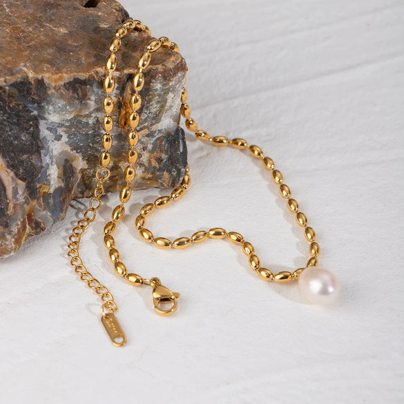 Necklace Stainless Steel Freshwater Pearl Geometric Titanium Steel Electroplating