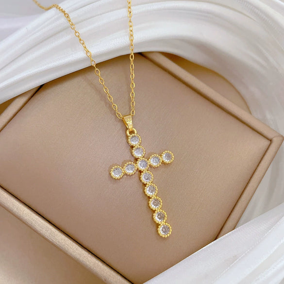 Necklace Stainless Steel Geometric Cross Full Diamond Light Luxury Elegant Gorgeous Unisex Allmatch Clavicle Chain