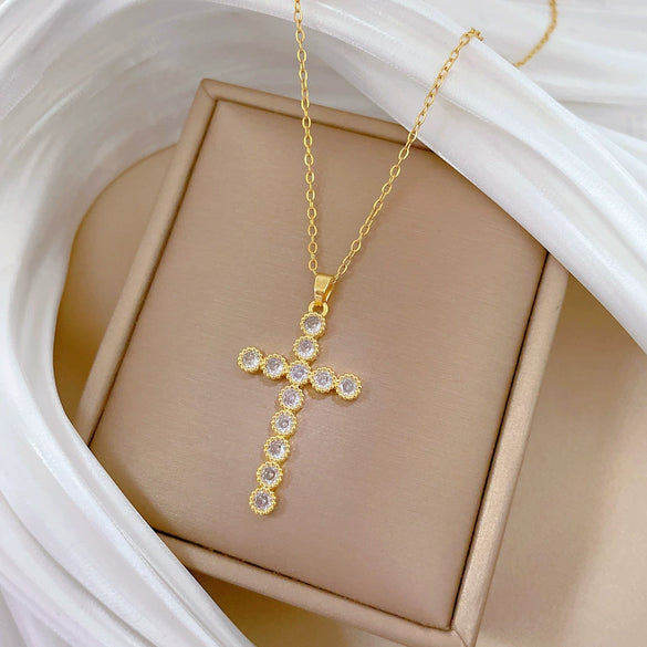 Necklace Stainless Steel Geometric Cross Full Diamond Light Luxury Elegant Gorgeous Unisex Allmatch Clavicle Chain