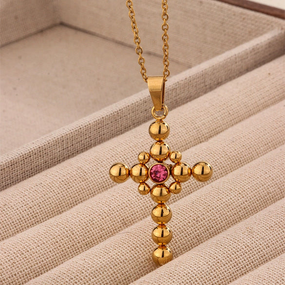 Necklace Stainless Steel Geometric Cross Rhinestones Electroplated O Chain Pendant