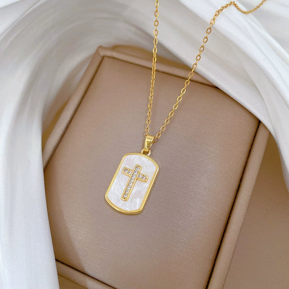 Necklace Stainless Steel Geometric Cross Shell Luxury Style
