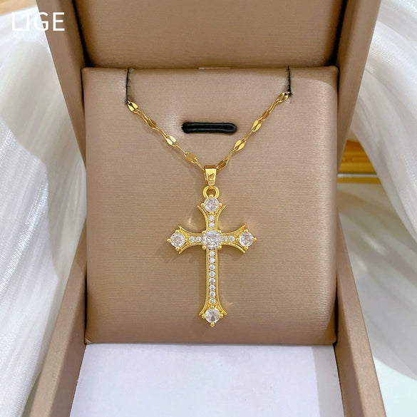 Necklace Stainless Steel Geometric Cross Zircon Pendant