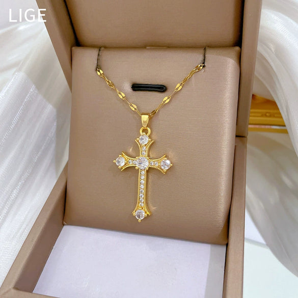 Necklace Stainless Steel Geometric Cross Zircon Pendant