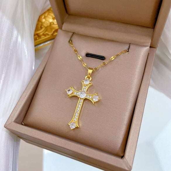 Necklace Stainless Steel Geometric Cross Zircon Pendant