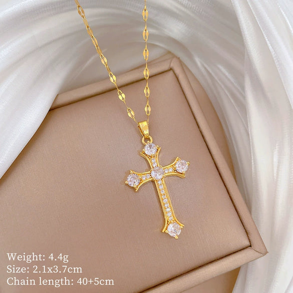 Necklace Stainless Steel Geometric Cross Zircon Pendant