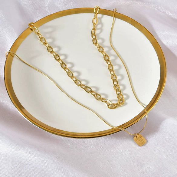 Necklace Stainless Steel Geometric Doublelayer Square Electroplating Mesh Clavicle Chain Sweater Chain