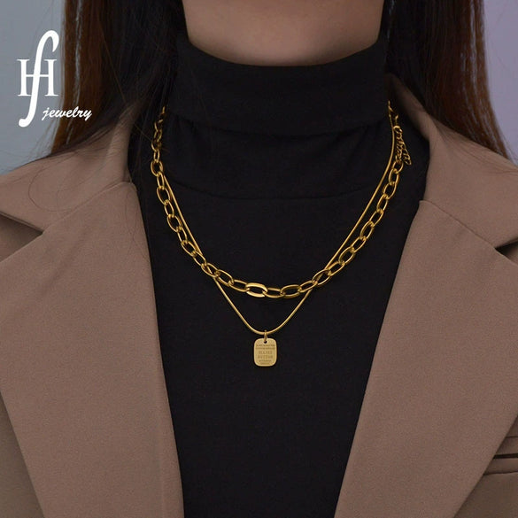 Necklace Stainless Steel Geometric Doublelayer Square Electroplating Mesh Clavicle Chain Sweater Chain