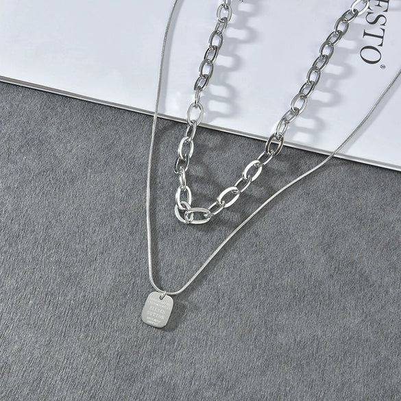 Necklace Stainless Steel Geometric Doublelayer Square Electroplating Mesh Clavicle Chain Sweater Chain
