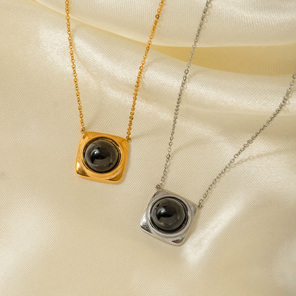 Necklace Stainless Steel Geometric Electroplating Black Onyx Pendant Women