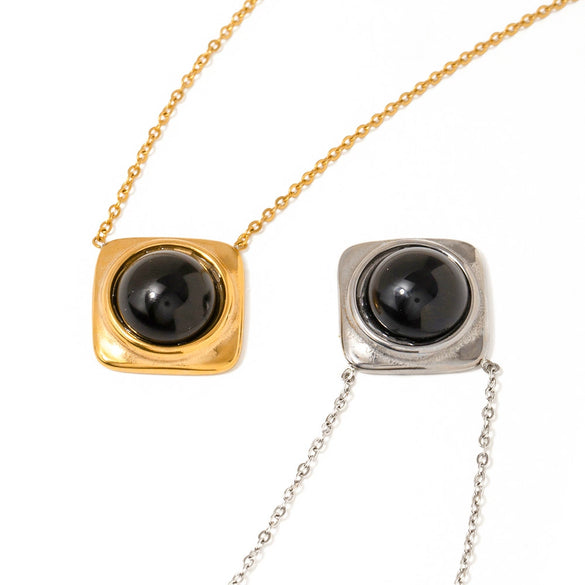 Necklace Stainless Steel Geometric Electroplating Black Onyx Pendant Women