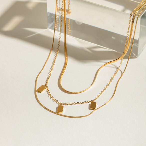 Necklace Stainless Steel Geometric Electroplating Square Flat Snake Chain Ochain Round Snake Chain Three Layer Chain