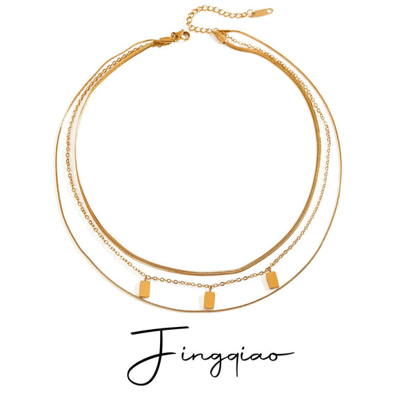 Necklace Stainless Steel Geometric Electroplating Square Flat Snake Chain Ochain Round Snake Chain Three Layer Chain