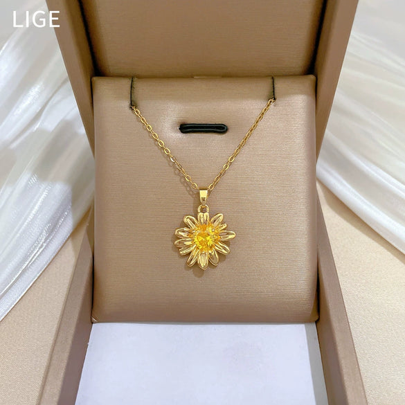 Necklace Stainless Steel Geometric Flower Champagne Gold Titanium Steel Chain For Women And Men