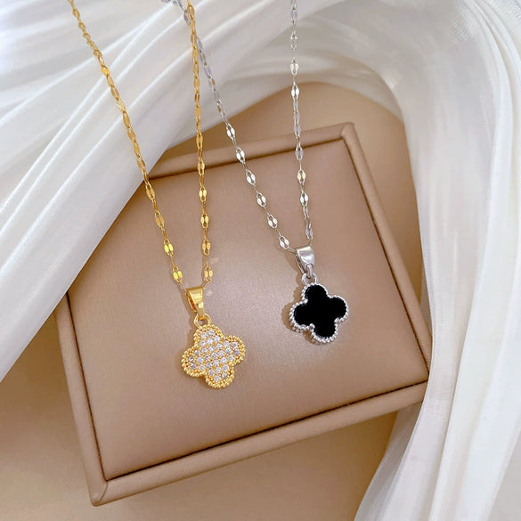 Necklace Stainless Steel Geometric Four Leaf Flower Micro Diamond Double Sided Women's Fine Style