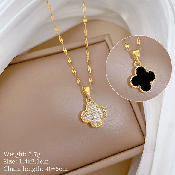 Necklace Stainless Steel Geometric Four Leaf Flower Micro Diamond Double Sided Women's Fine Style