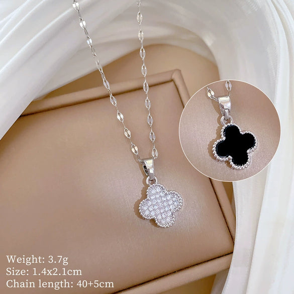 Necklace Stainless Steel Geometric Four Leaf Flower Micro Diamond Double Sided Women's Fine Style