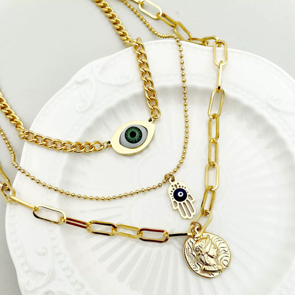 Necklace Stainless Steel Geometric Goldplated Retro Multilayer