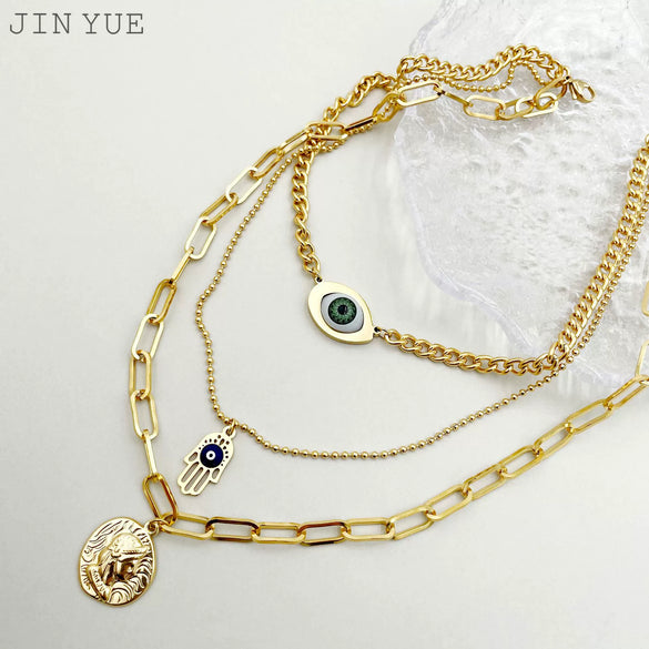 Necklace Stainless Steel Geometric Goldplated Retro Multilayer