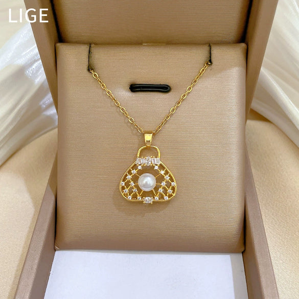 Necklace Stainless Steel Geometric Hollow Pearl Bag Light Luxury Elegant Gorgeous Unisex