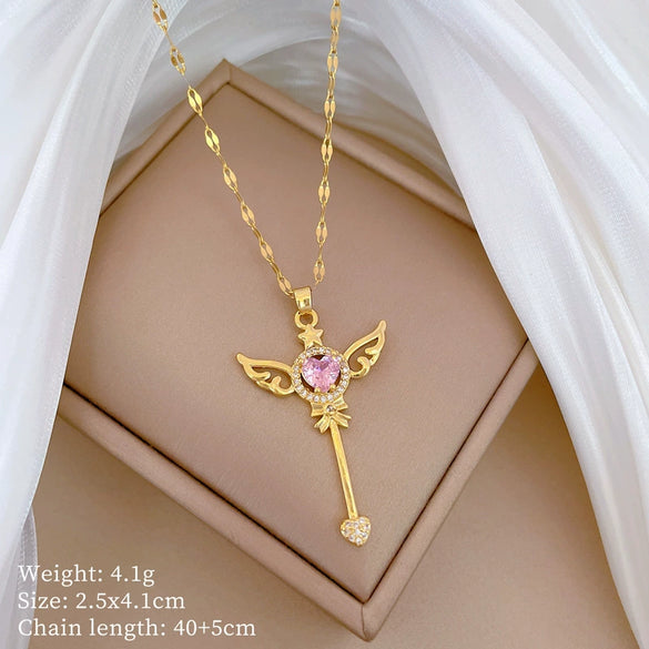 Necklace Stainless Steel Geometric Key Wings Full Diamond Unisex