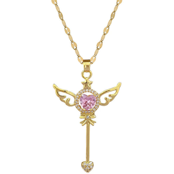 Necklace Stainless Steel Geometric Key Wings Full Diamond Unisex