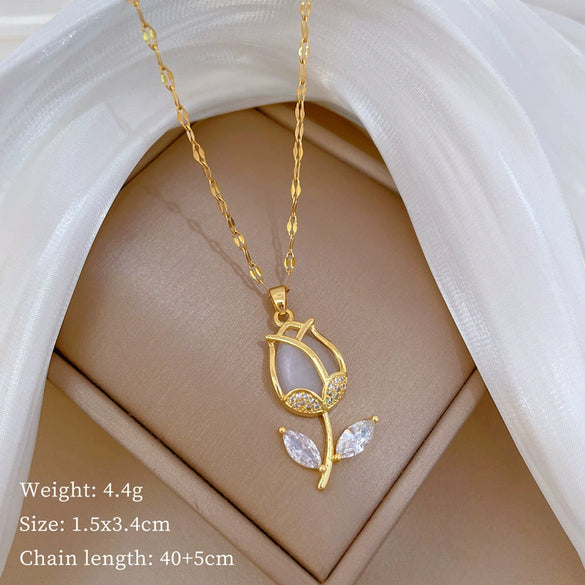 Necklace Stainless Steel Geometric Leaf Tulip Pendant For Women