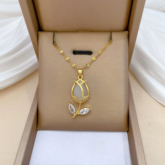 Necklace Stainless Steel Geometric Leaf Tulip Pendant For Women
