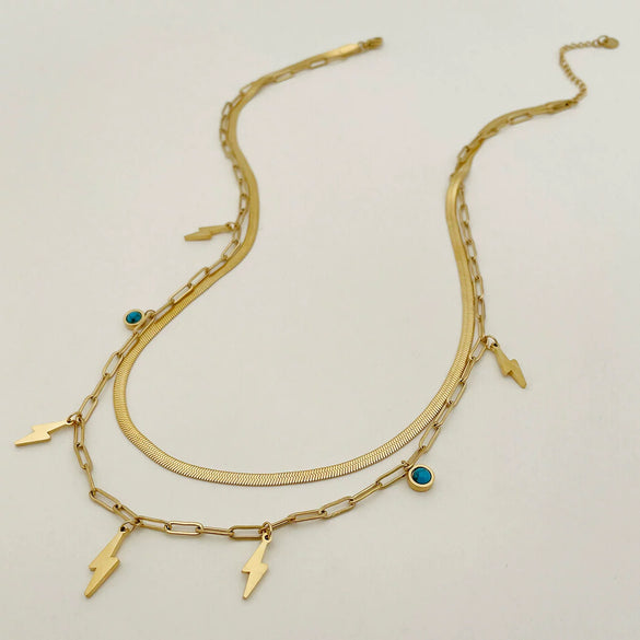 Necklace Stainless Steel Geometric Lightning Style Blue Pine Stone Pendant Blade Chain Electroplated