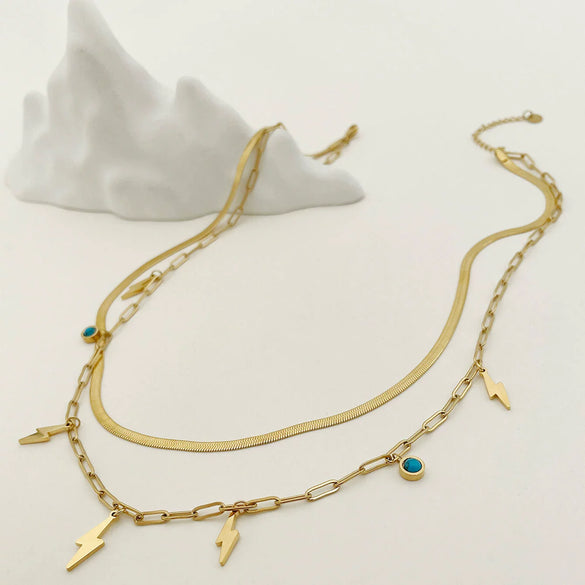 Necklace Stainless Steel Geometric Lightning Style Blue Pine Stone Pendant Blade Chain Electroplated