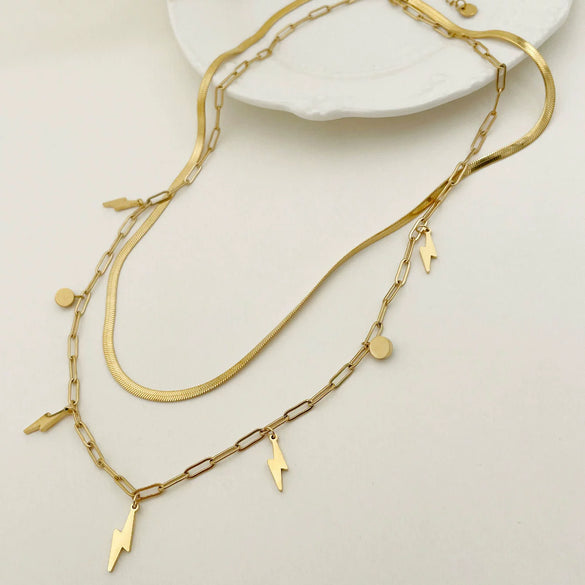 Necklace Stainless Steel Geometric Lightning Style Blue Pine Stone Pendant Blade Chain Electroplated