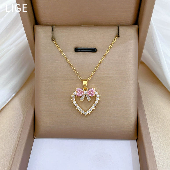 Necklace Stainless Steel Geometric Love Bow Light Luxury Pendant Copper Chain