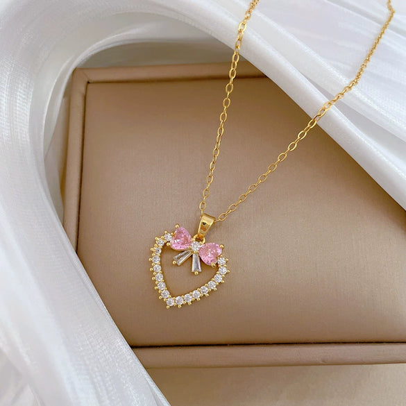 Necklace Stainless Steel Geometric Love Bow Light Luxury Pendant Copper Chain