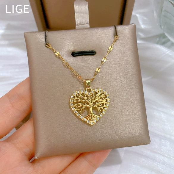 Necklace Stainless Steel Geometric Love Tree Of Life Design